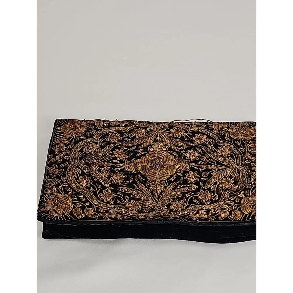 Vintage Black Velvet Gold Embroidered Clutch Purse Made in India Evening Bag 50s